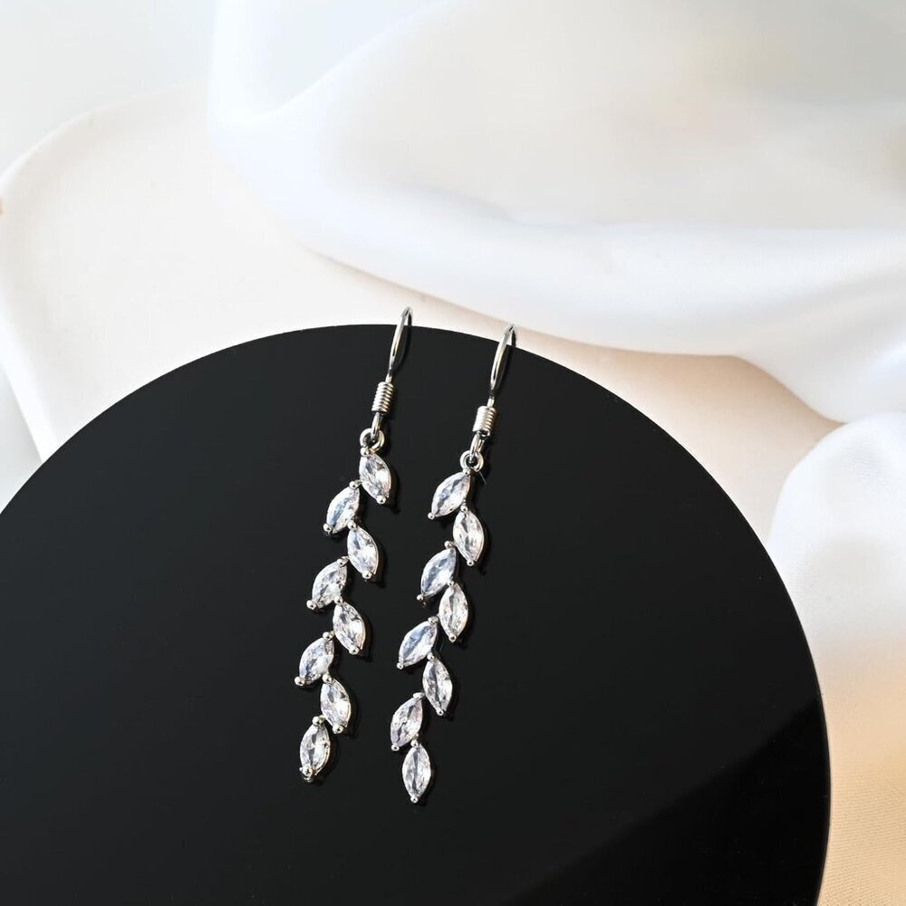 Handmade Silver Leaf Earrings Crystal Wedding Dangle Earrings for Brides Bridesm - Picture 7 of 8